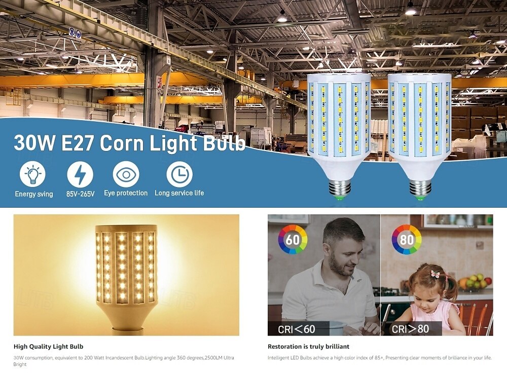 e27 30w светодиодная лампа кукуруза 85v-265v, эквивалент 200w для дома, склада &садовое освещение 2026 - $20.99 –P2