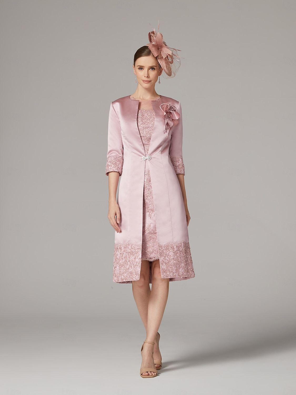 Sheath Dress Suit Mother of the Bride Dress Vintage Plus Size Jewel Neck  Knee Length Satin Lace 3/4 Length Sleeve Jacket Dresses with Appliques Race  Day Dress 2026 - $177.99