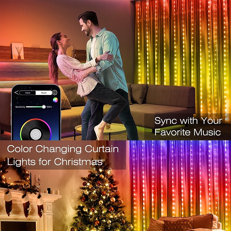 Christmas Magic LED Curtain Light Bluetooth Control APP Point Control Leather String Lights 2x2m 200LEDs 3x3m 300LEDs Christmas Wedding Holiday Home Bedroom Living Room Balcony Waterproof Decoration 2025 - $90.99 –P8