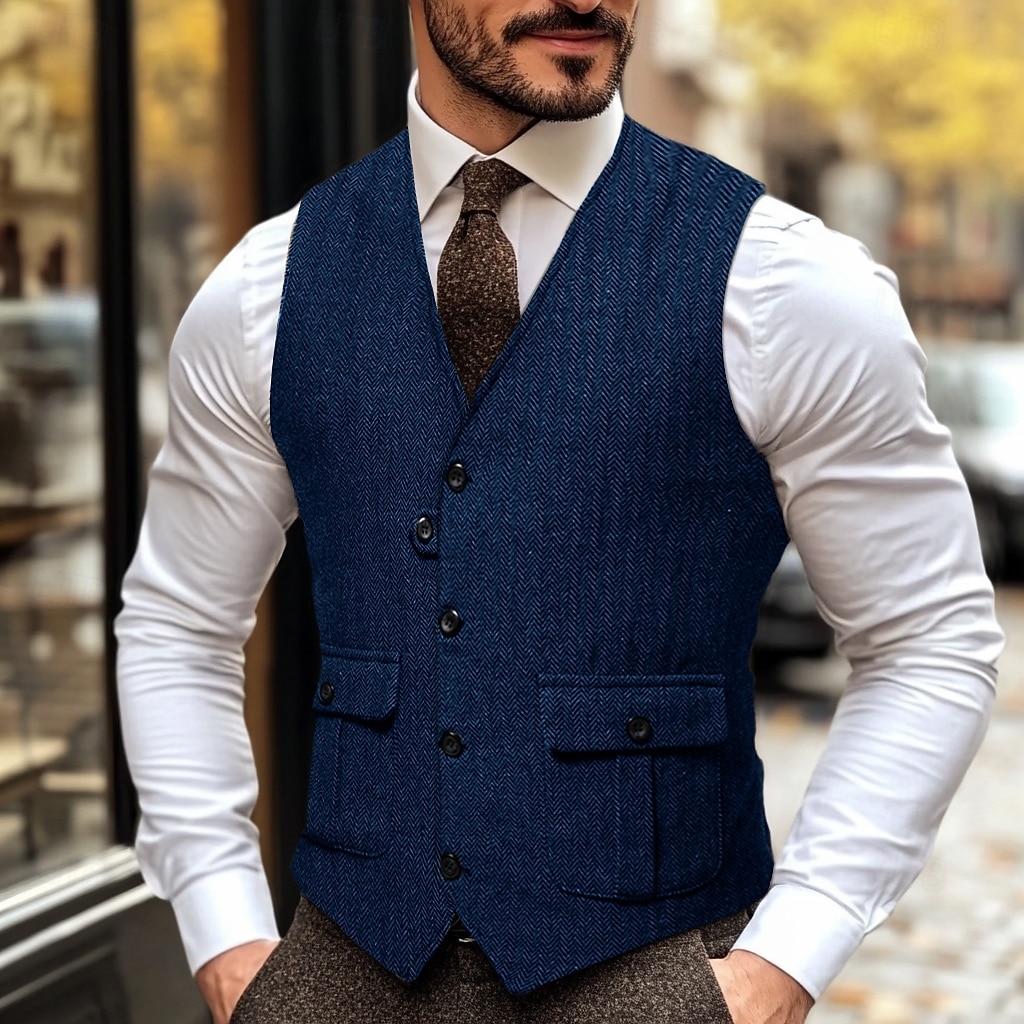 Braune graue Herrenmode Fischgrät Tweed Weste maßgeschneiderte Passform V-Ausschnitt einreihig vier Knöpfe 2025 - $40.99 –P9