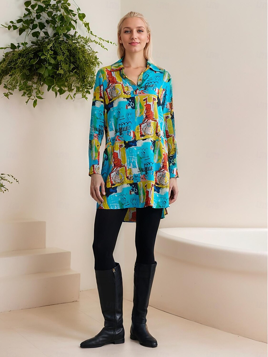 vestido mini camisa rayon graffiti com punho e lapela de 2025 por $49.99 –P1
