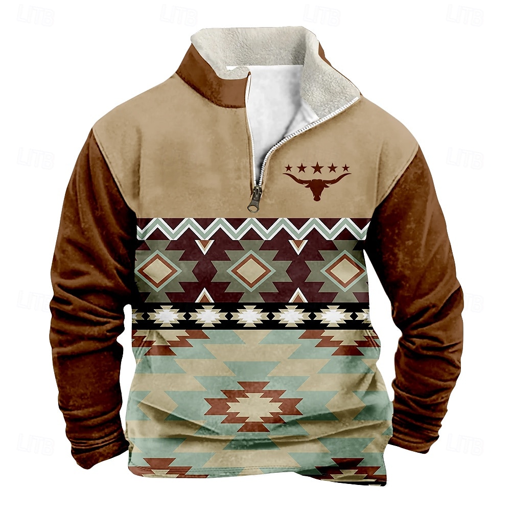Men's Cowboy Sweatshirt Quarter Zip Sweatshirt Long Sleeve Sweatshirt Stand Collar Quarter Zip Casual Vintage Retro 3D Print Vacation Going out Streetwear Half Zip Fall Winter 2025 - $45.99 –P1