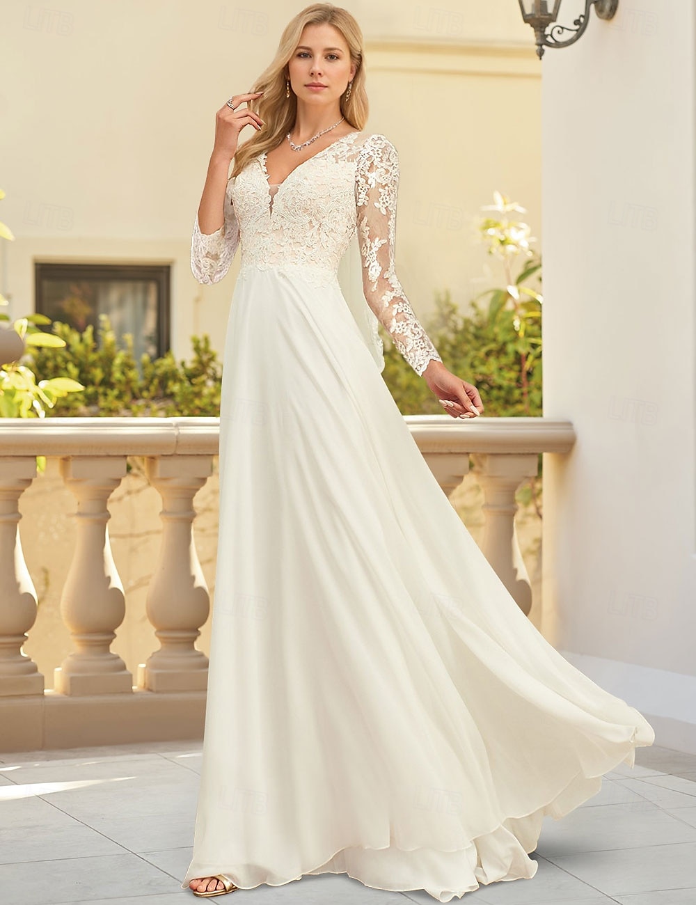 Abiti da sposa matrimonio in spiaggia A-Line scollatura a V maniche lunghe lunghezza pavimento in chiffon da sposa con pieghe del 2025 a $197.99 –P3