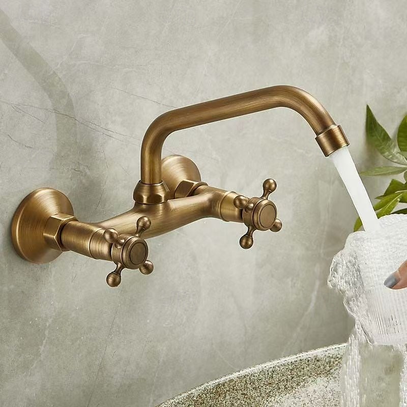 wastafelmengkraan wandmontage inbouw wastafelkraan geborsteld retro messing antiek kraan goud wijdverspreid wandmontage 2025 - $97.99 –P8