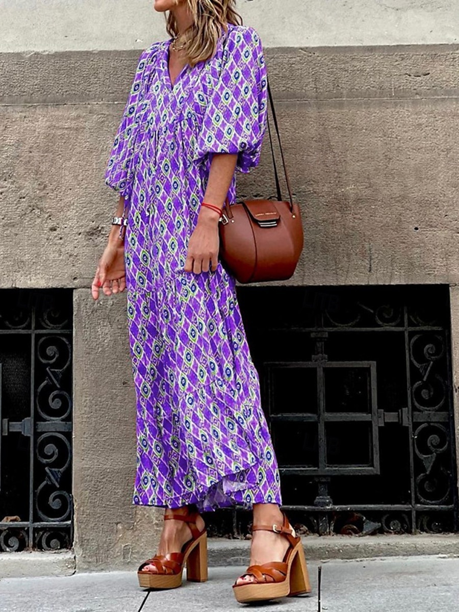 rochie maxi dama cu decolteu in V geometric cu maneca 3/4 vara primavara 2025 - $41.99 –P6