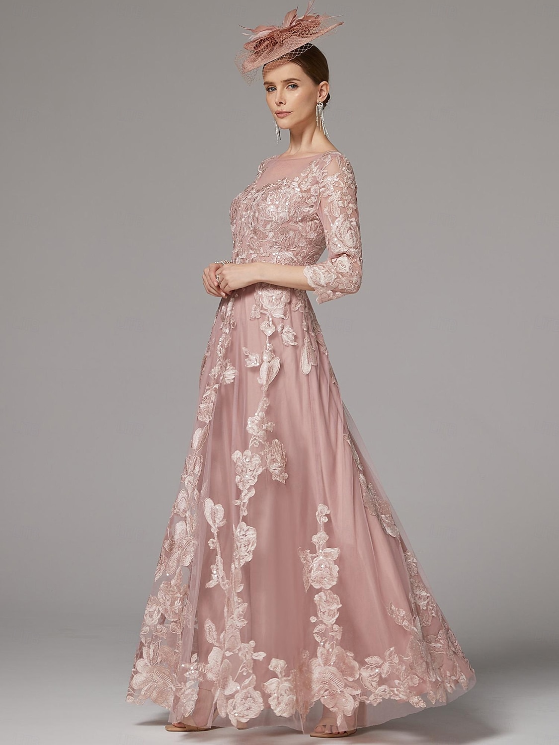 Linea ad A Abito Lunghezza al pavimento Abito da invitata a nozze Abito Formale Abito da sera Abito da cerimonia per signora Manica 3/4 Collo gioiello Elegante Ricevimento di matrimonio Pizzo con del 2026 a $264.49 –P8