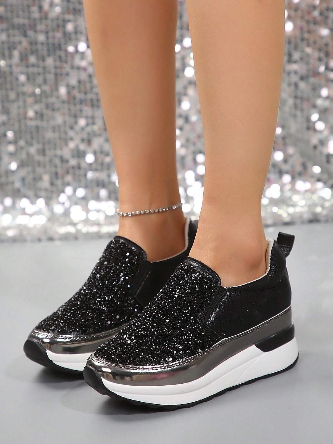 svarte slip-on joggesko for kvinner med glitterpynt og plattformsåle – stilige fritidssko for hverdagsbruk 2025 - $34.99 –P1
