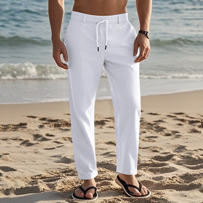 Men's Linen Pants Trousers Summer Pants Beach Pants Drawstring Elastic Waist Straight Leg Plain Comfort Breathable Full Length Daily Holiday Beach Vacation Fashion Black White 2025 - $20.99 –P2