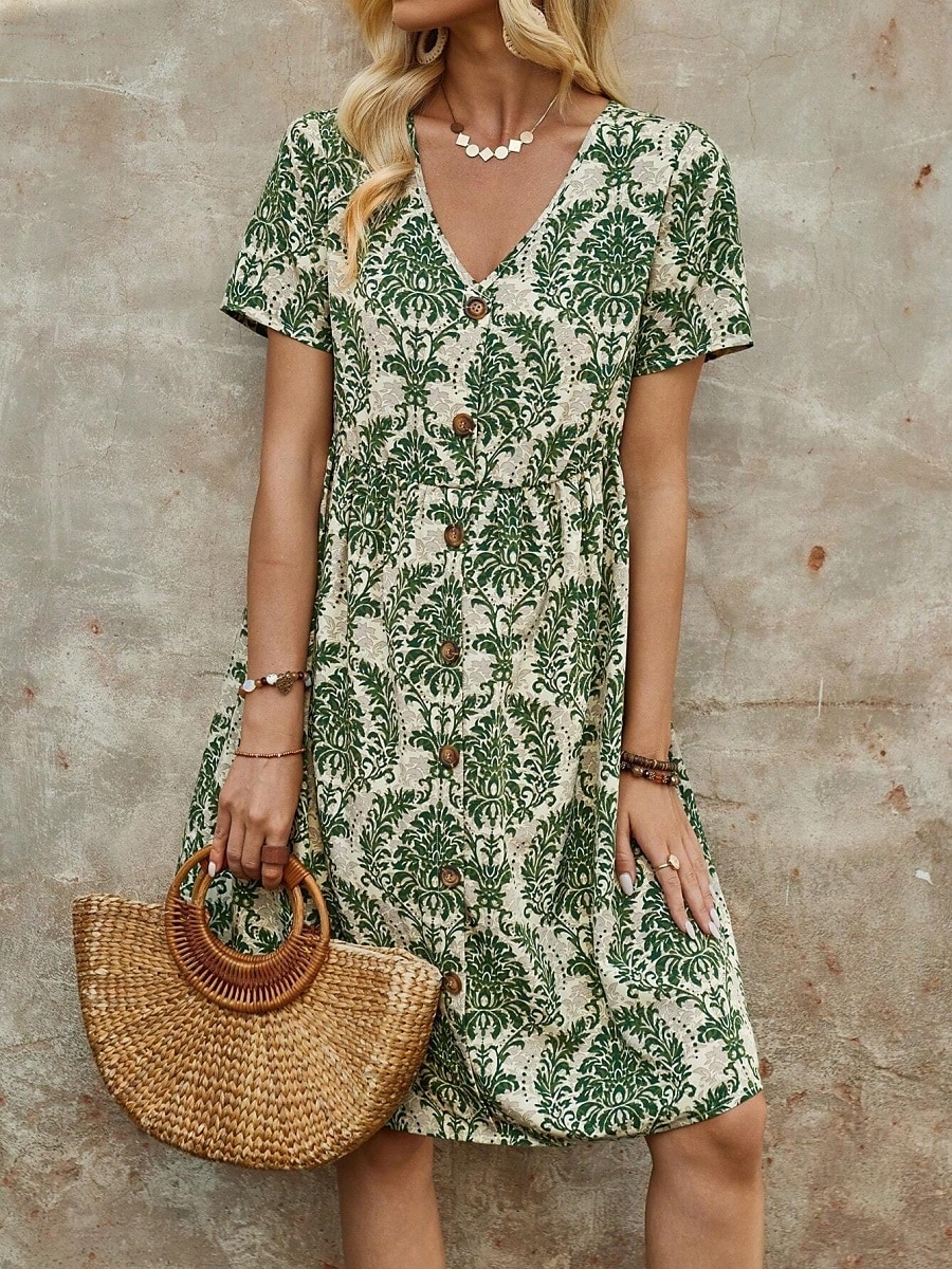 Femme Mini robe Robe casual robe boheme Rétro Vintage Décontractées du quotidien Standard Floral Manche Courte Col V Bleu Marron Vert Eté Printemps Automne de 2025 ? $35.99 –P7