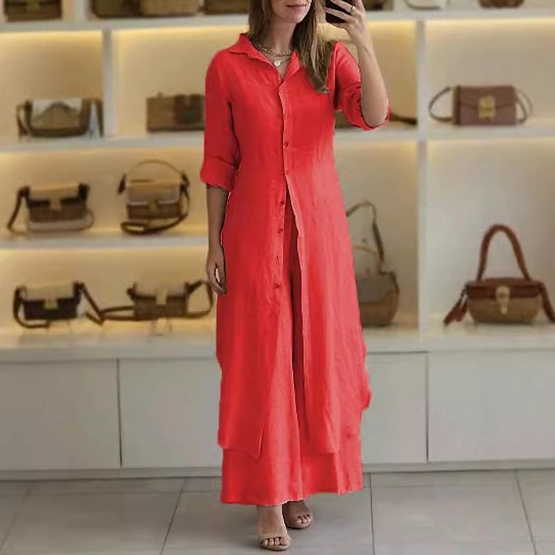 Damen Mode Streetwear Täglich Hemd Leinen-inspirierte Sets Zweiteilige Sets Rock Langarm Hemdkragen Einfach Patchwork Lässig Täglich Rote Himmelblau Khaki Herbst Normale Passform 2025 - $35.99 –P3