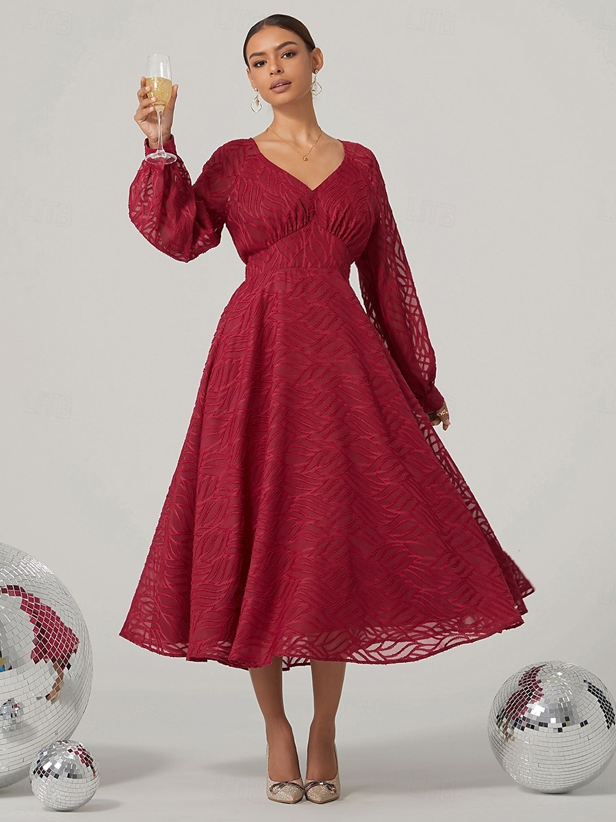 Damen Spitzenkleid Midikleid Hohe Taillenlinie Elegant Vintage V Ausschnitt Langarm Wein Farbe 2025 - GBP £46.33 –P5