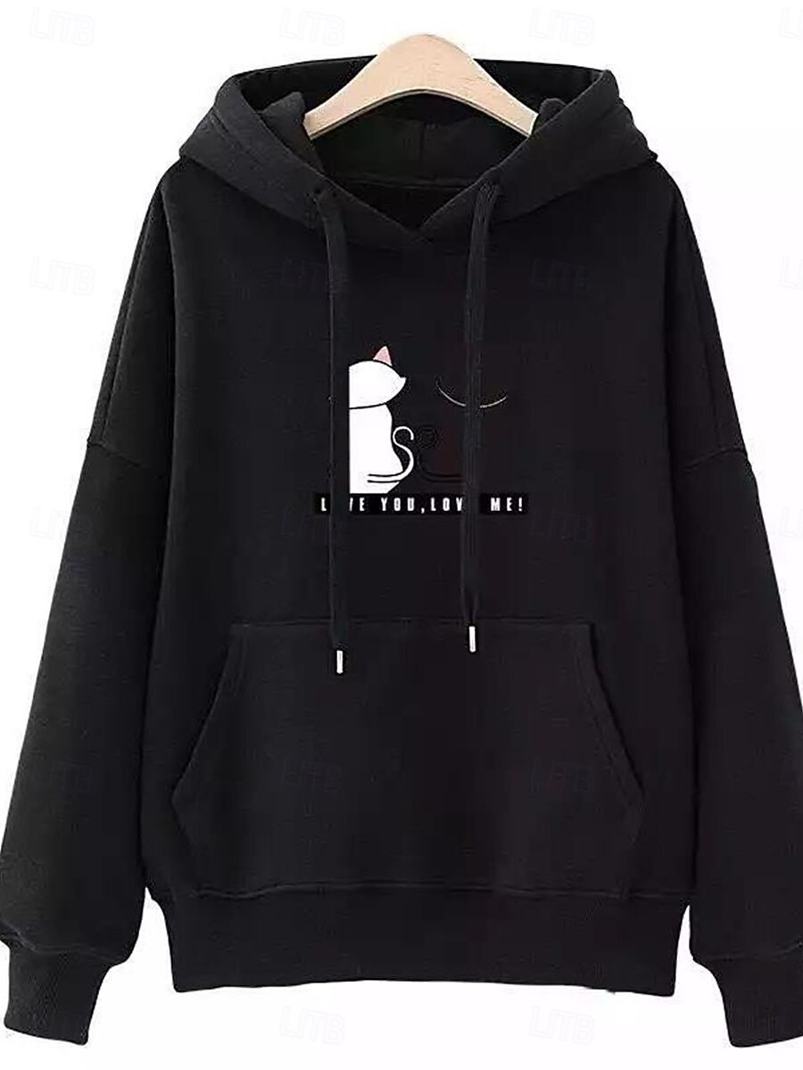 Sudadera con capucha para mujer, informal, con estampado de gato, para uso diario, con bolsillo, manga larga, negra, rosa, roja, para otoño e invierno 2025 - $21.99 -P2