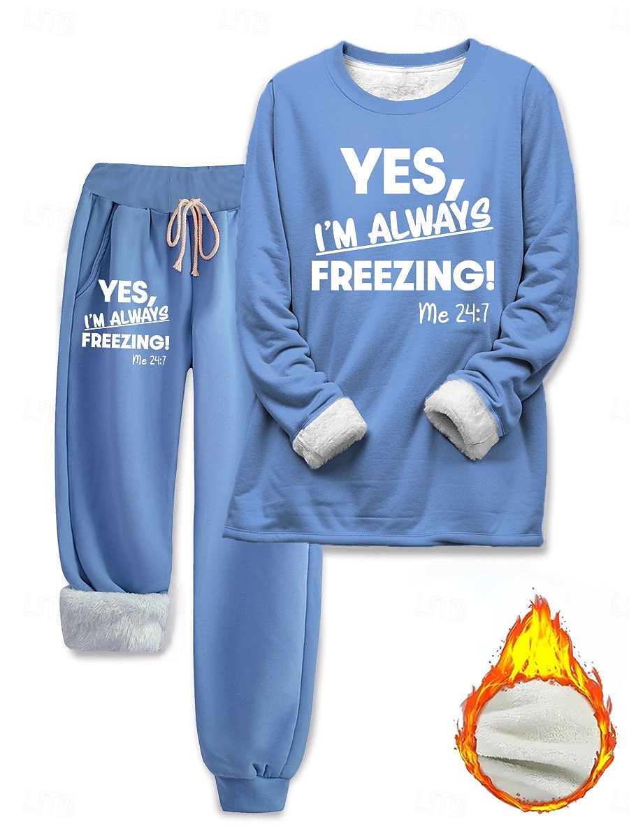 Dame 2-delt Loungewear Sett Pyjamas Fleece Fluffy Lang Erme Topp og Bukse Tekst Trykk Komfort Avslappet Hjemme Slitasje Snor Solid Koselig Vinter 2025 - $43.99 –P4