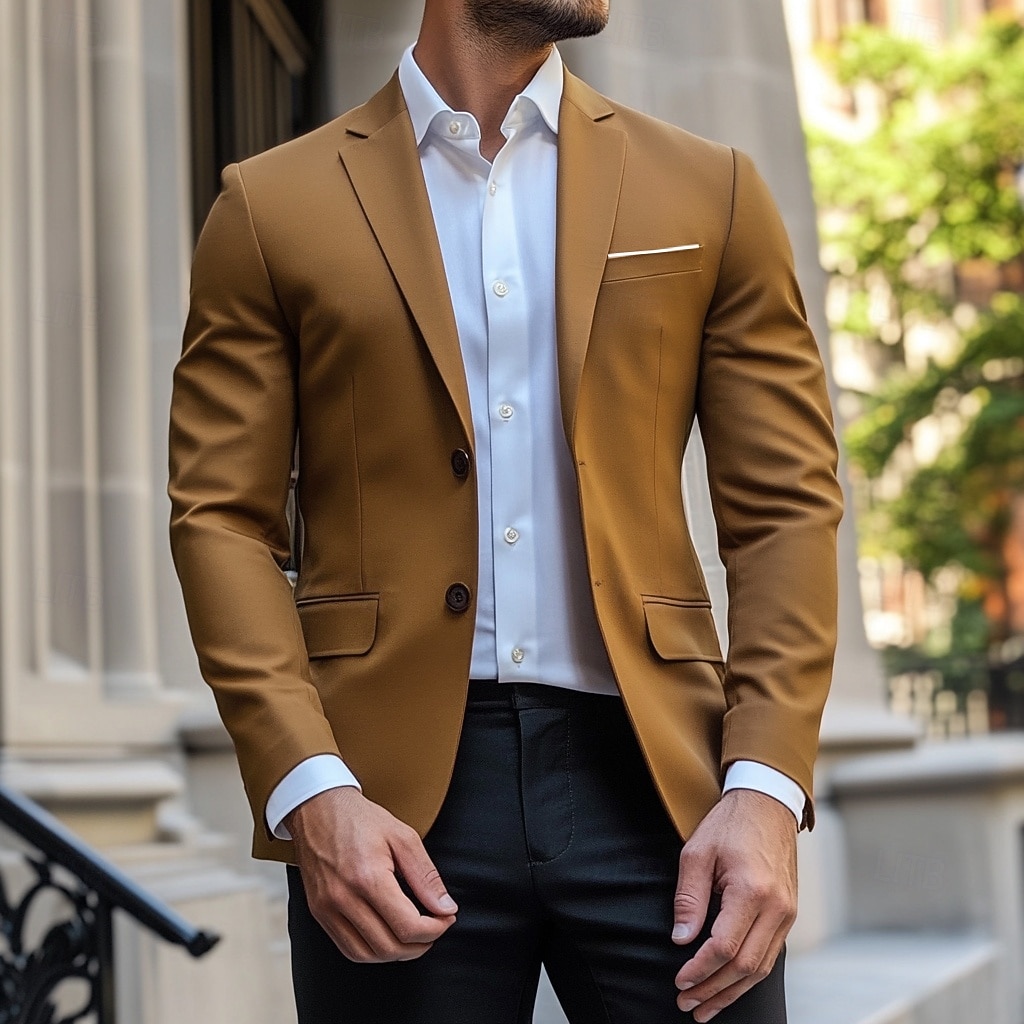 2026年 男性用 ブレザージャケット スポーツコート ノッチカラー カジュアル ソリッド Blazer ネイビーブルー ブラウン ライト スタンダードフィット シングルブレスト 2つボタン  コレクション – $69.99 –P2