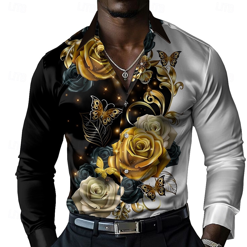 رجالي ورد زر حتى القميص قميص مصمم كم طويل عارضة الازياء عطلة حفل / مساء الربيع الخريف طوي زرر أسود 2026 - $29.99 –P2