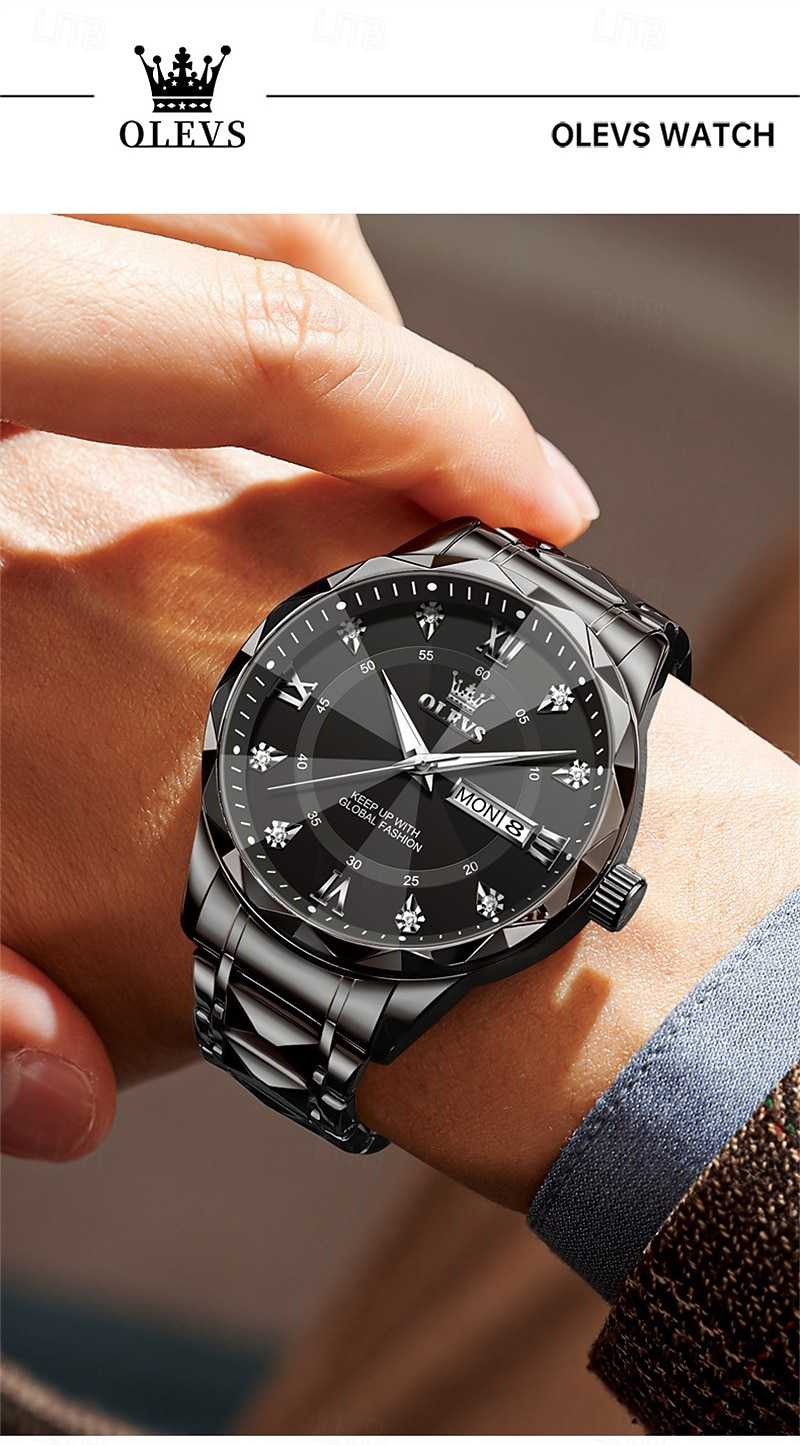 New Olevs Brand Men'S Luminous Commercial Business Steel Belt Watch Calendar Week Display Fashion Trend Waterproof Simple Leisure Quartz Watch Diamond-Shaped Mirror Sports Watch 2026 - $38.99 –P9