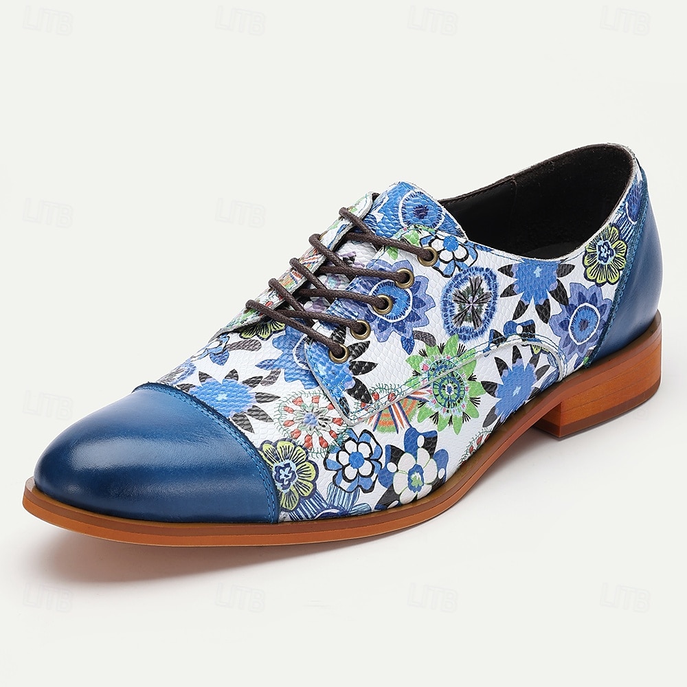 oxfordskor i kohud med blommigt tryck för män – blå och vita skor i vintagestil för bröllop och högtidliga tillfällen 2025 - $99.99 –P3