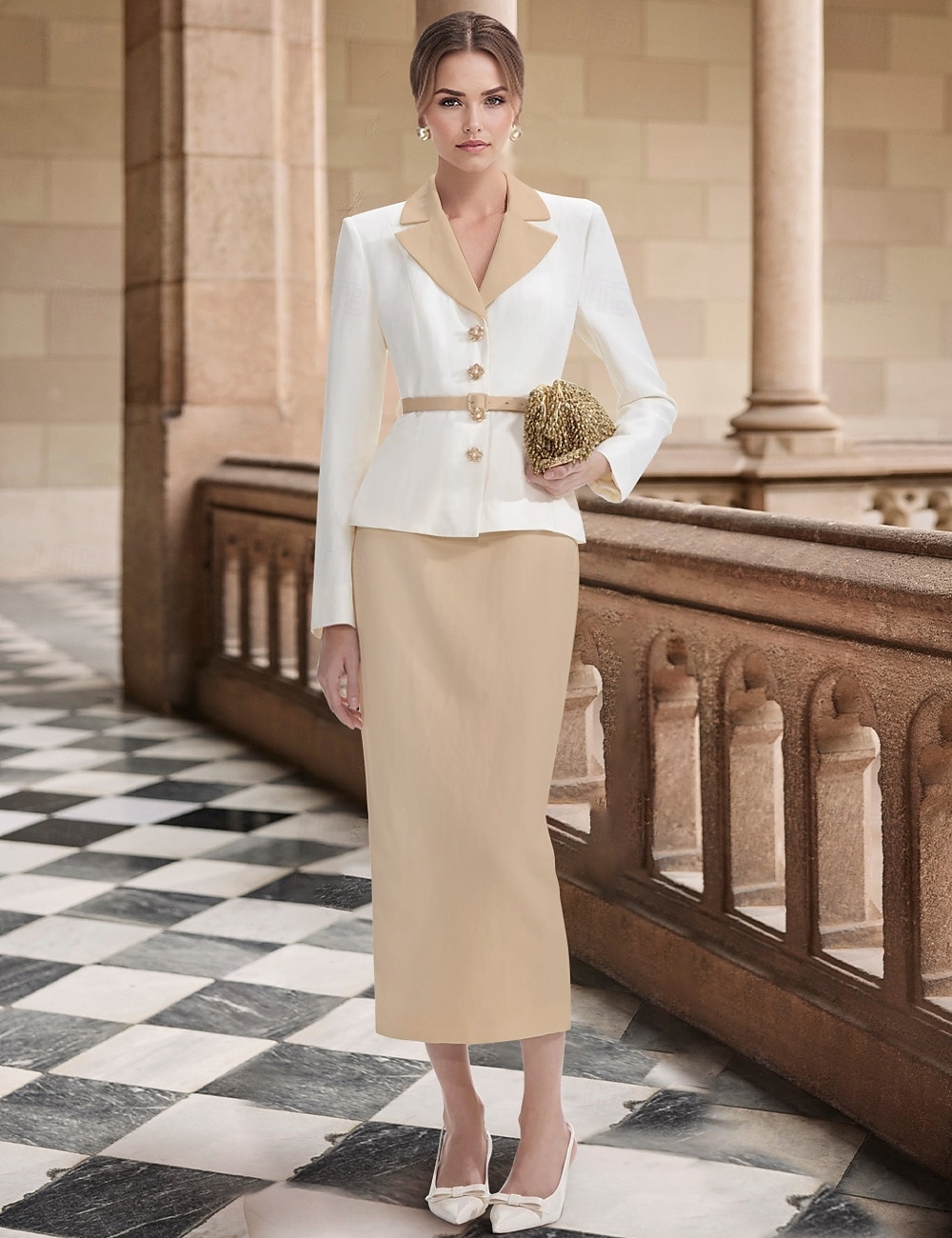To Delt Skjørt  Kolonne Cocktailkjoler Tuxedo Kjole Elegant Kjole Formell Knelengde Lang Erme Notch krage Stretch Crepe med Splitt Kjoler 2025 - $185.99 –P1