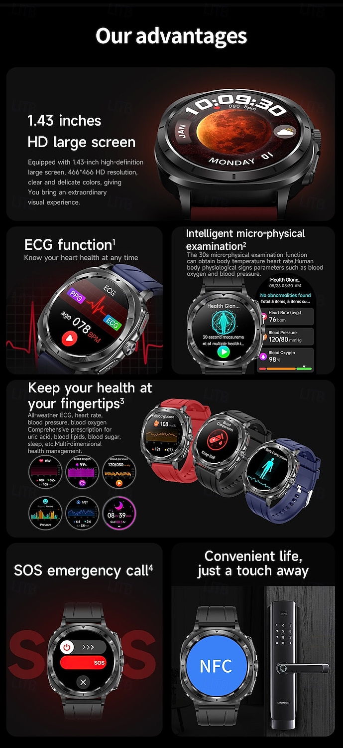 iMosi ET492 Умные часы 1.43 дюймовый Смарт Часы Bluetooth ЭКГ + PPG Контроль температуры Педометр Совместим с Android iOS Женский Мужчины Хендс-фри звонки Водонепроницаемый Медиа контроль IP 67 2025 - $79.79 –P2