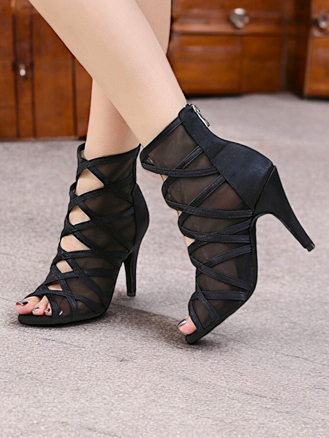 Women's Black Mesh Strappy Latin Dance Shoes with Soft Suede Sole, Back Zipper and Open-Toe Design - Elegant High Heels for Salsa, Tango, and Ballroom 2025 - $59.99 –P3