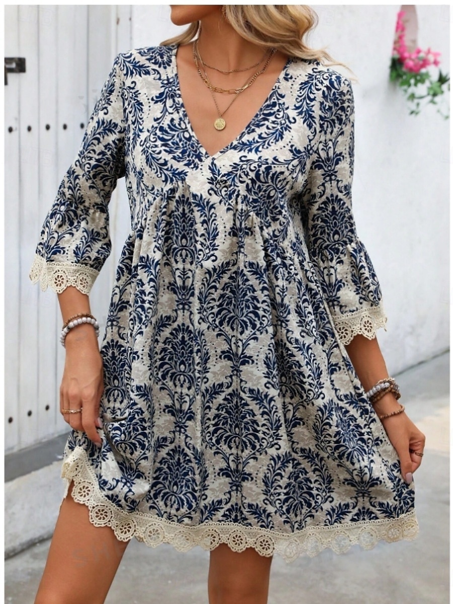Damen Minikleid Casual kleid Boho-Kleid Brautkleider schlicht Täglich Regular Fit Blumen 3/4 Ärmel V Ausschnitt Wein Blau Grün Sommer Frühling Herbst 2025 - $35.99 –P6