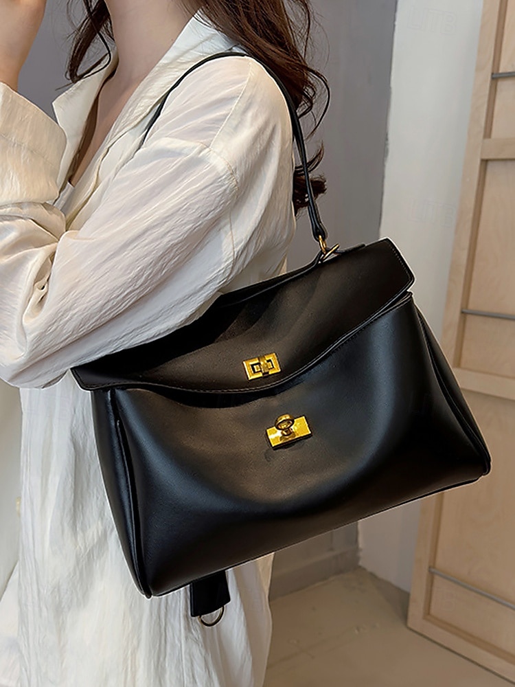 Elegante bolso de mano de piel sintética beige con herrajes en tono dorado: bolso clásico para mujer con asa superior y cierre giratorio seguro 2025 - $29.99 –P3
