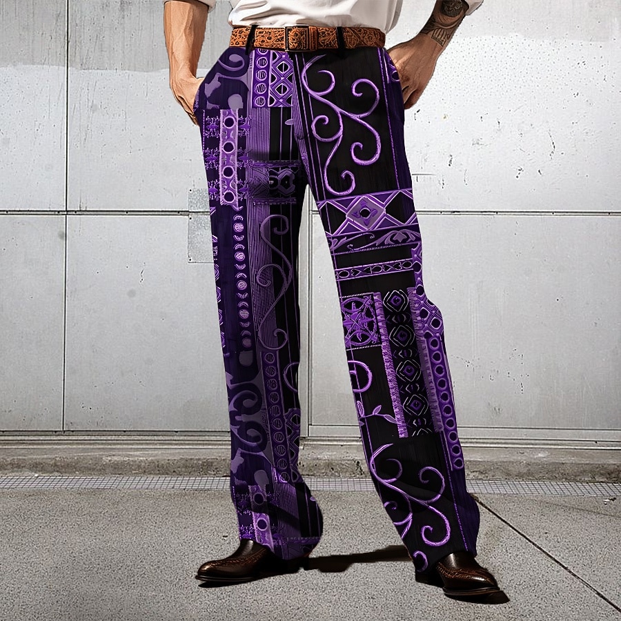 Herr Blommig Etnisk Kostymbyxor Medium Midja Business Casual Formell Bröllop Vardag Dragkedja Ficka Byxor med raka ben Sommar Vår Höst 3D-tryck Gul Blå Purpur 2026 - $31.99 –P2
