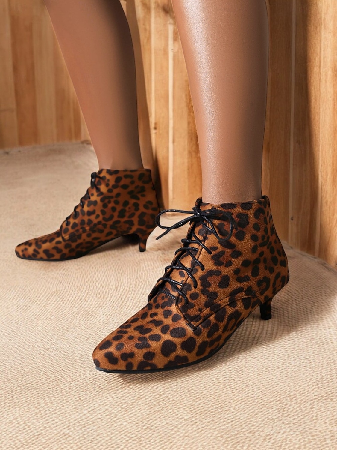 bota de cano curto com estampa de leopardo verde e salto gatinho – sapatos chiques estilo retrô para mulheres de 2025 por $42.99 –P1