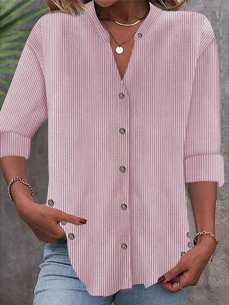 Women's Shirt Blouse Striped Basic Casual Long Sleeve Bishop Sleeve V Neck Regular Tops Daily Patchwork Buttons Pink Blue Gray Fall Winter 2025 - $29.99 –P1