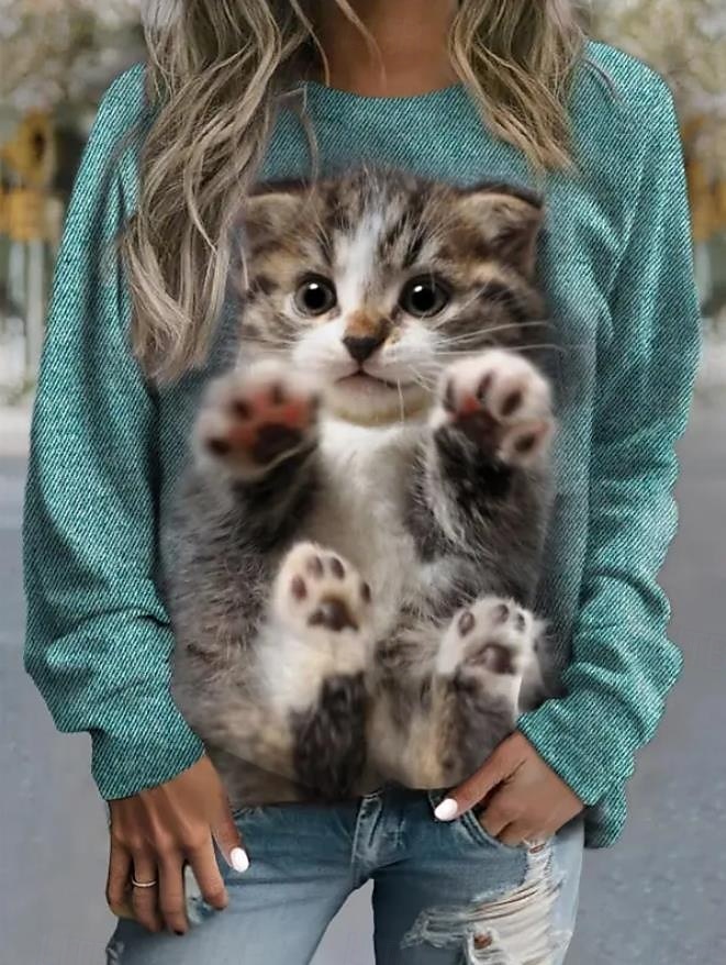 dámská mikina pulovr cat street casual sportovní basic kulatý výstřih dlouhý rukáv top mikroelastický pad &amp; zimní comfrt prodyšná měkká tkanina 2025 - $27.99 –P4