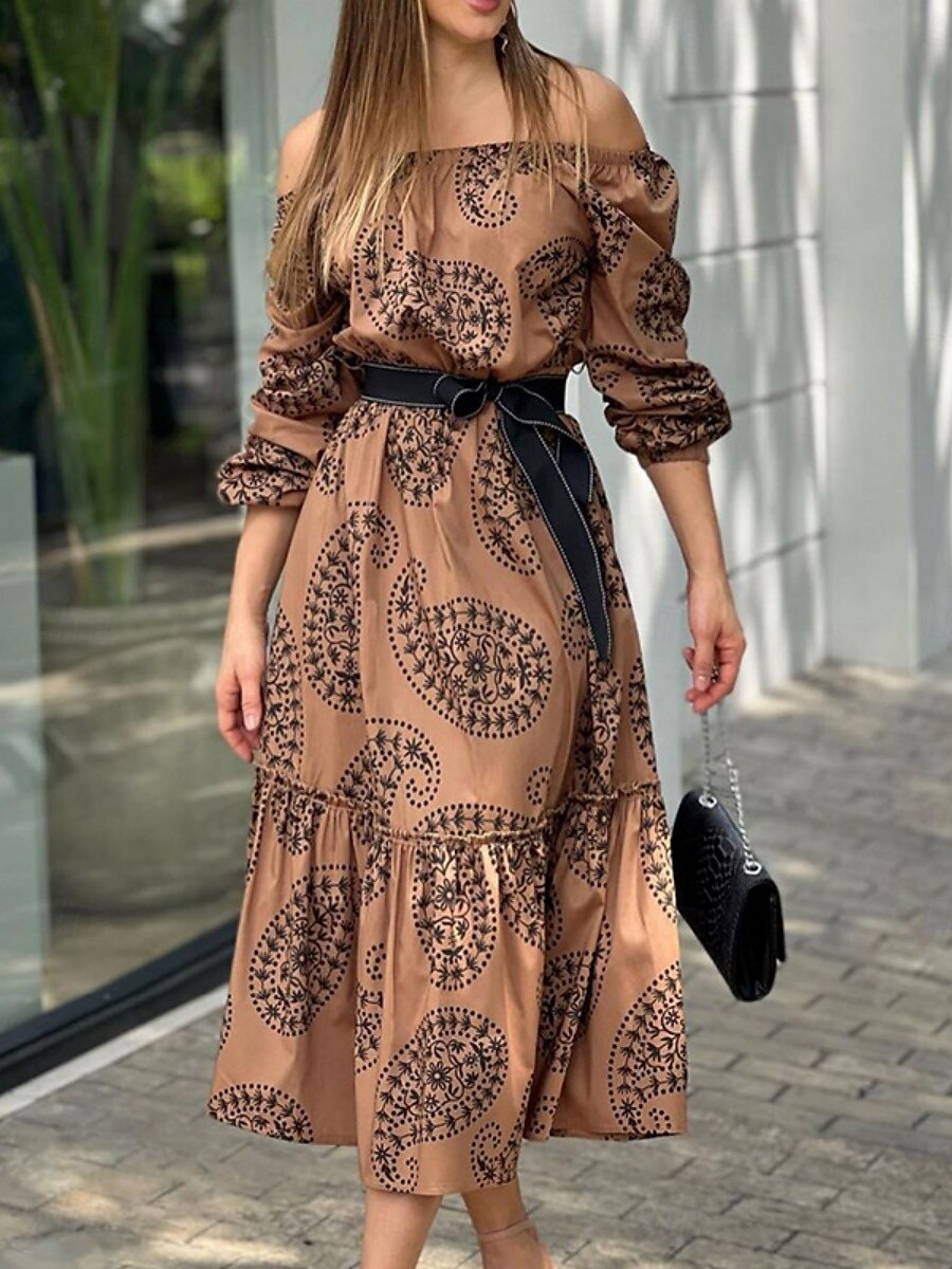 Damen Maxidress Casual kleid Schaukelkleid A Linie Kleid Brautkleider schlicht Täglich Regular Fit Blumen Langarm Schulterfrei Braun Sommer Frühling Herbst 2025 - $46.99 –P2