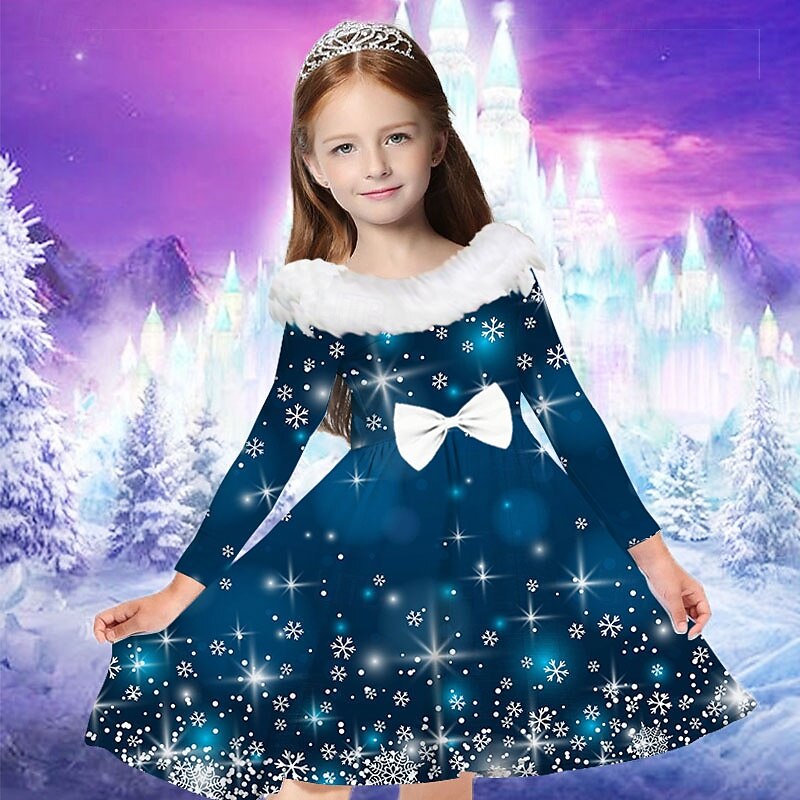 Kids Girls' Dress Snowflake Long Sleeve Casual Fur Trim Crewneck Adorable Daily Polyester Above Knee Casual Dress Swing Dress A Line Dress Fall Winter 2-13 Years Navy Blue Blue Sky Blue 2025 - $24.99 –P8
