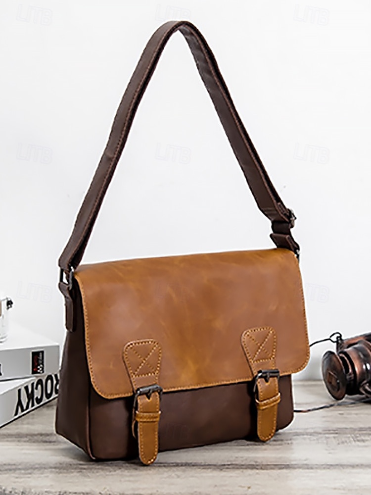 Bolso de mensajero vintage de piel sintética para hombre con correa ajustable: diseño duradero de dos tonos para uso laboral y casual 2025 - $29.99 –P4