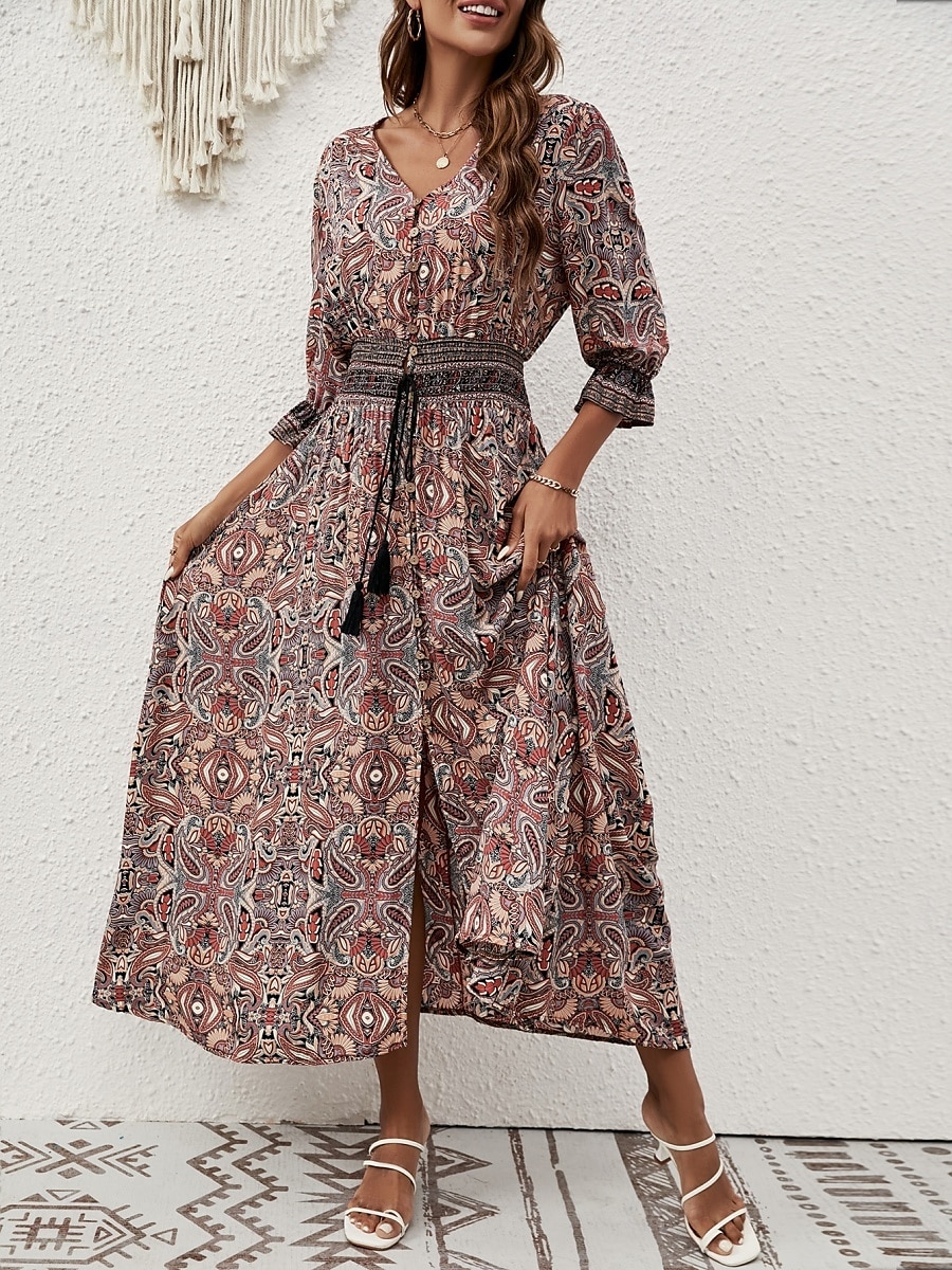 Femme Robe Maxi Robe casual Robe Évasée Robe Trapèze robe boheme Décontractées du quotidien Standard Floral Cachemire Demi Manches Col V Bleu Marron Eté Printemps Automne de 2025 ? $41.99 –P4