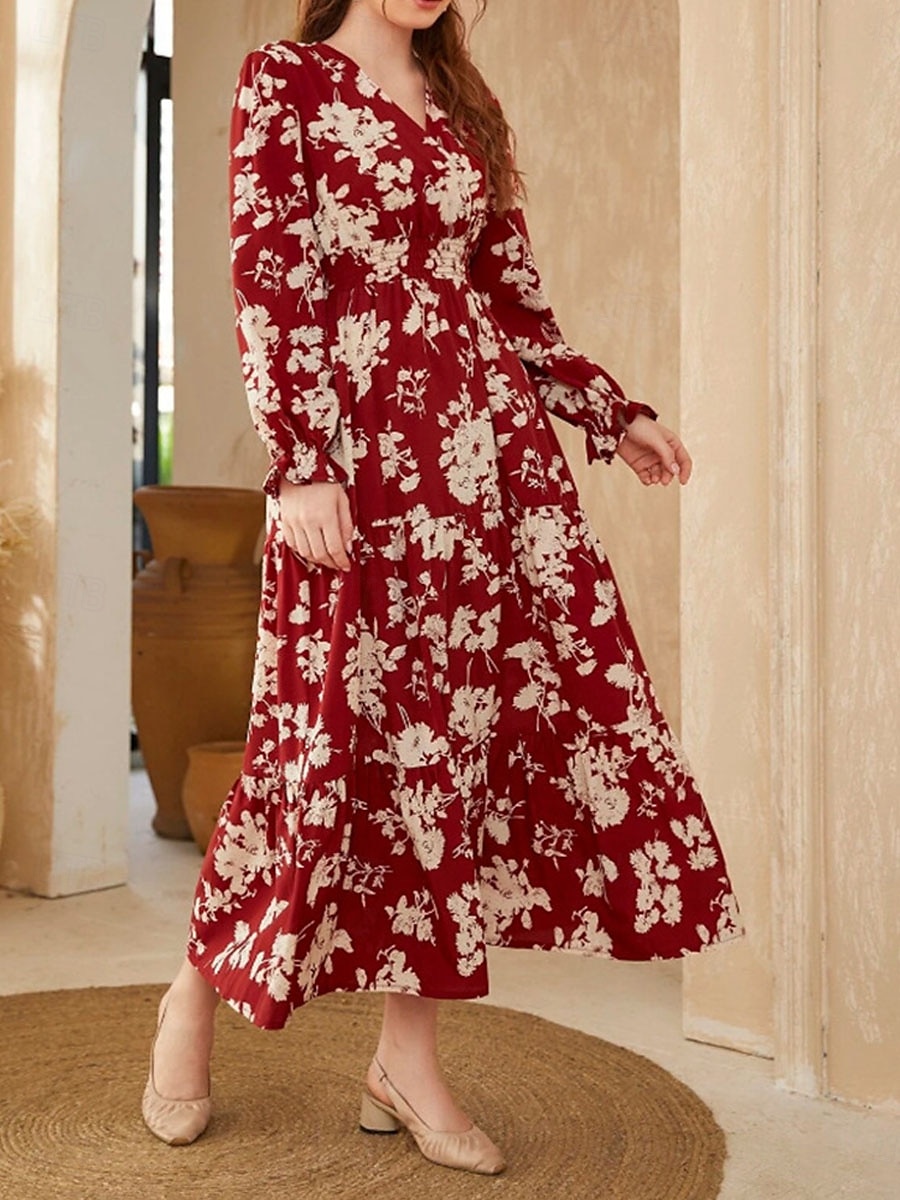 Damen Maxidress Casual kleid Schaukelkleid A Linie Kleid Brautkleider schlicht Täglich Regular Fit Blumen Langarm V Ausschnitt Weiß Rote Sommer Frühling Herbst 2025 - $41.99 –P4