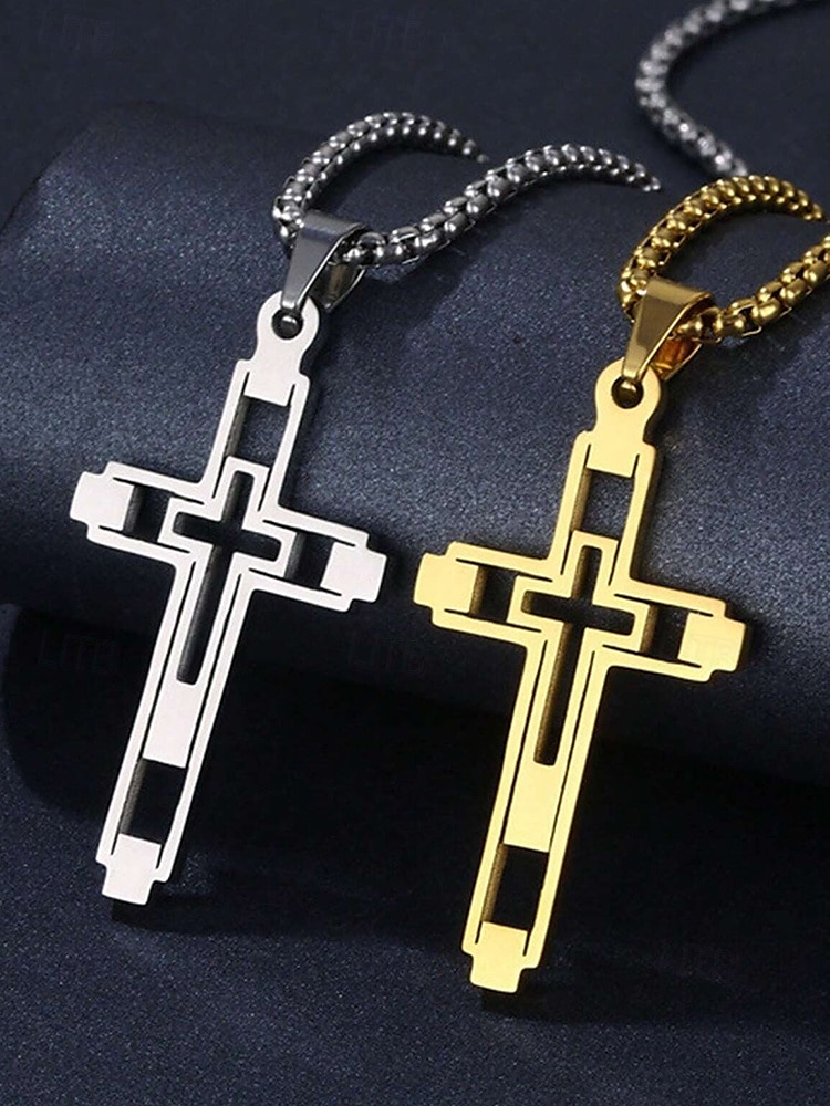 Men's Dual-Tone Stainless Steel Cross Pendant Necklace – Silver and Gold Finish, Modern Religious Jewelry 2025 - $9.99 –P1
