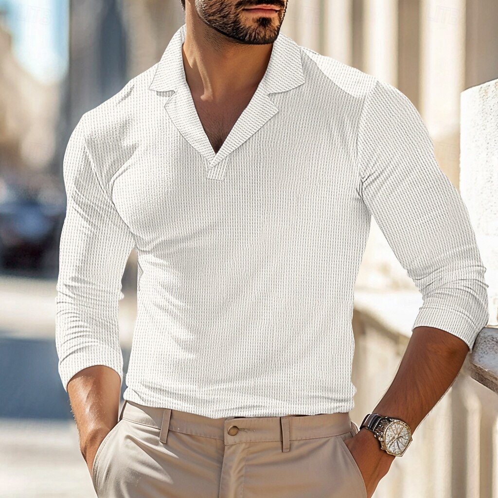 Homme Polos gaufrés Polos Plein Air Entreprise Collier cubain manche longue Mode basique Couleur unie Col en V Automne Hiver Toutes Saisons Standard Noir Blanche Bleu Kaki Grise Polos gaufrés de 2025 ? $22.99 –P4