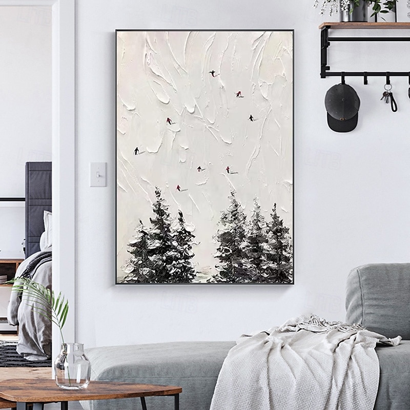 handgemaltes 3D weißes Schneefeld Skifahren Leinwand Handgemälde Original Skifahrer Geschenk personalisiertes Winter Dekor strukturiertes Messergemälde Skikunst weißer Kiefernrahmen fertig zum 2025 - $141.99 –P7