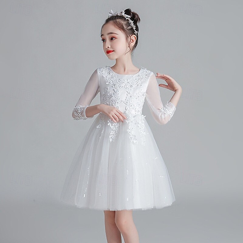 Blomsterpikekjole Barn Jente Prinsesse kjole Ytelse Bryllup Fest Elegant Vakker Netting Helfarge Langermet Crew-hals Vinrød Hvit 4 år + 2025 - $38.99 –P9