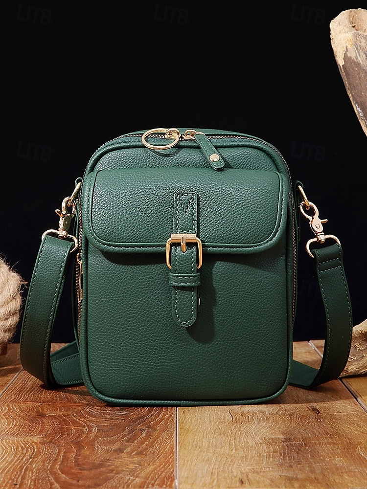 Bolso bandolera vintage de piel sintética marrón para mujer con detalle de hebilla frontal: diseño compacto y elegante 2025 - $32.99 –P8