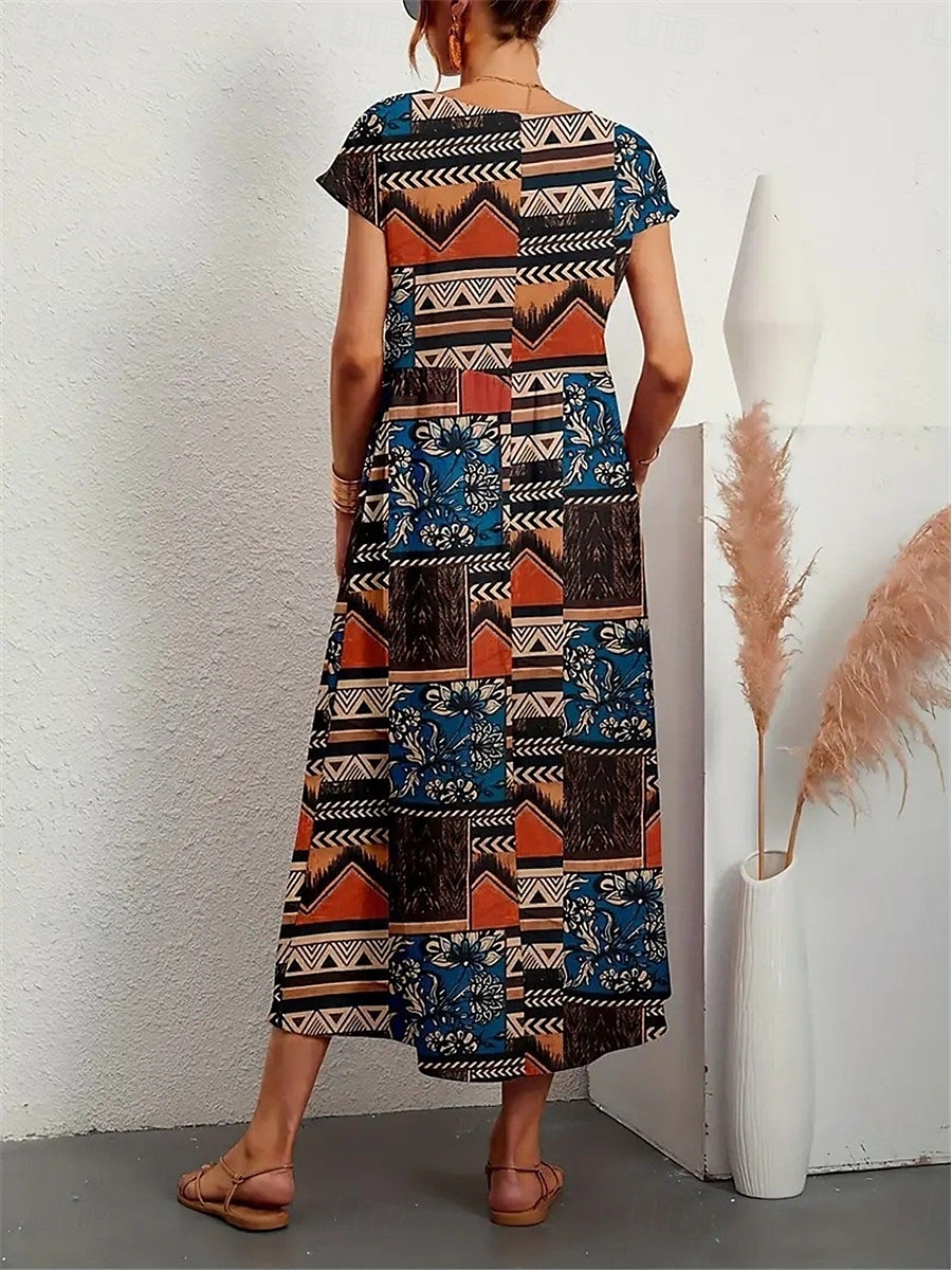 Dam Maxiklänning Vardagsklänning Swingklänning Boho-klänning Vintage Ledigt Dagligen Normal Blommig Färgblock Kortärmad Rund hals Gul Rubinrött Blå Sommar Vår Höst 2025 - $35.99 –P2