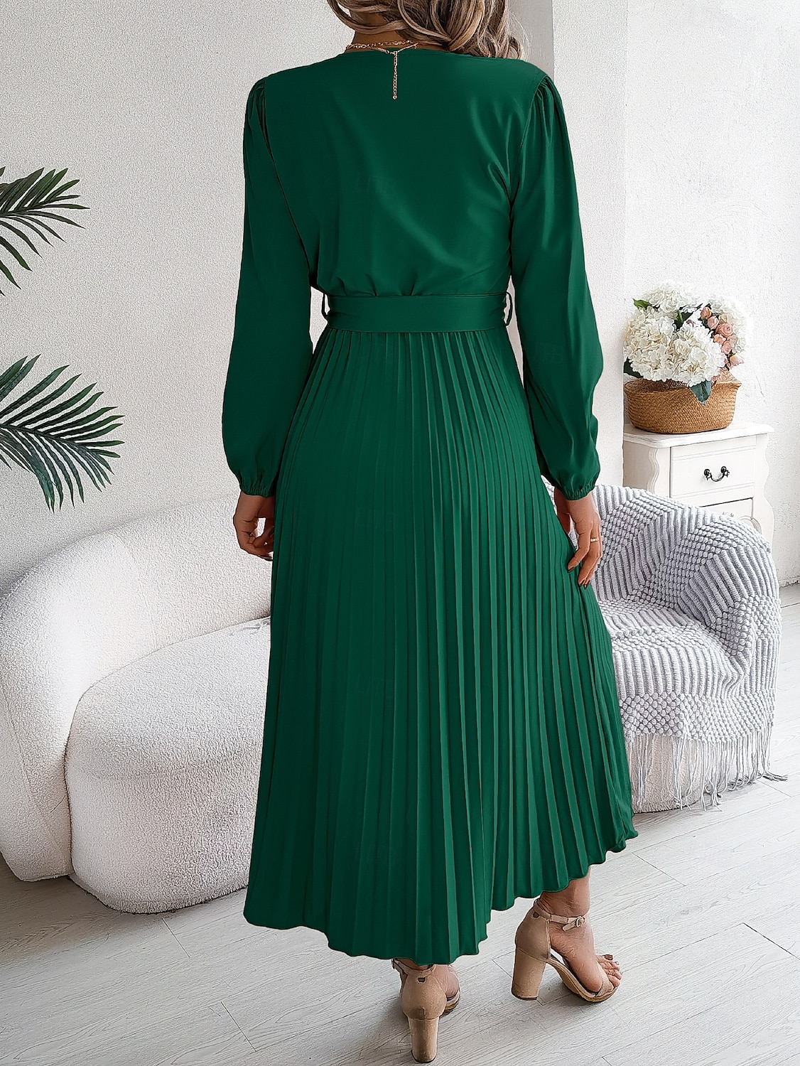 Women's Vintage Dress Mini Dress Pleated High Waist Elegant Formal V Neck Long Sleeve Blue Green Khaki Color 2025 - $41.99 –P10