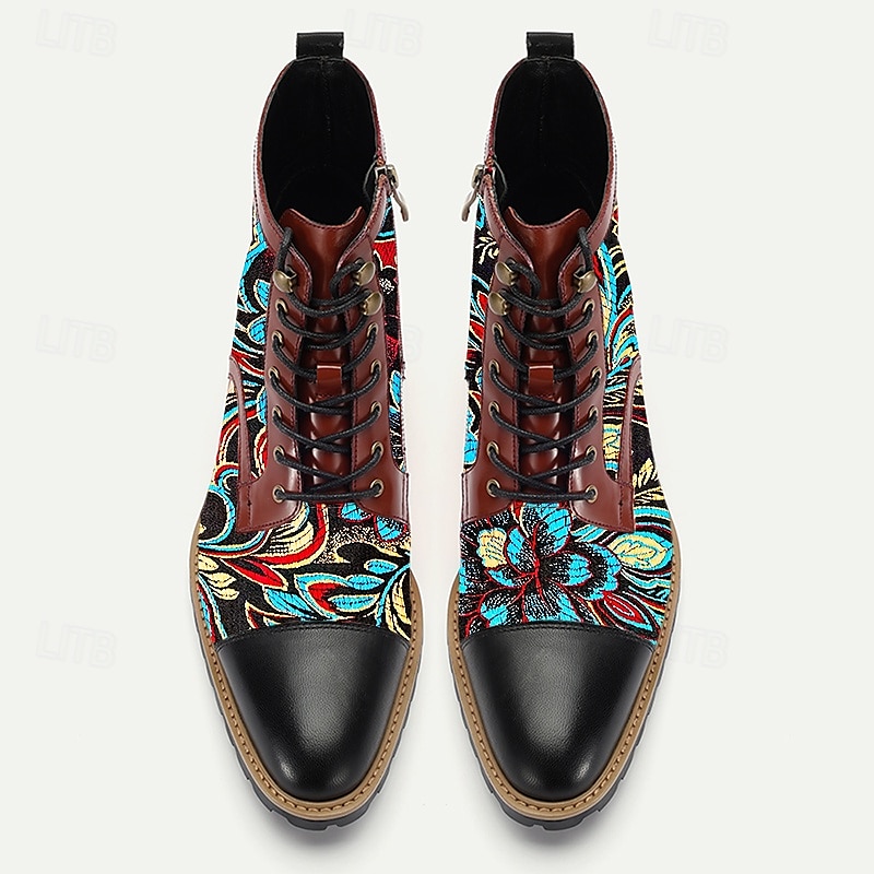 Men's Premium Cowhide Leather Lace-Up Boots with Floral Jacquard Design and Cap Toe - Stylish and Durable Ankle Boots for Casual and Formal Occasions 2025 - $109.99 –P4
