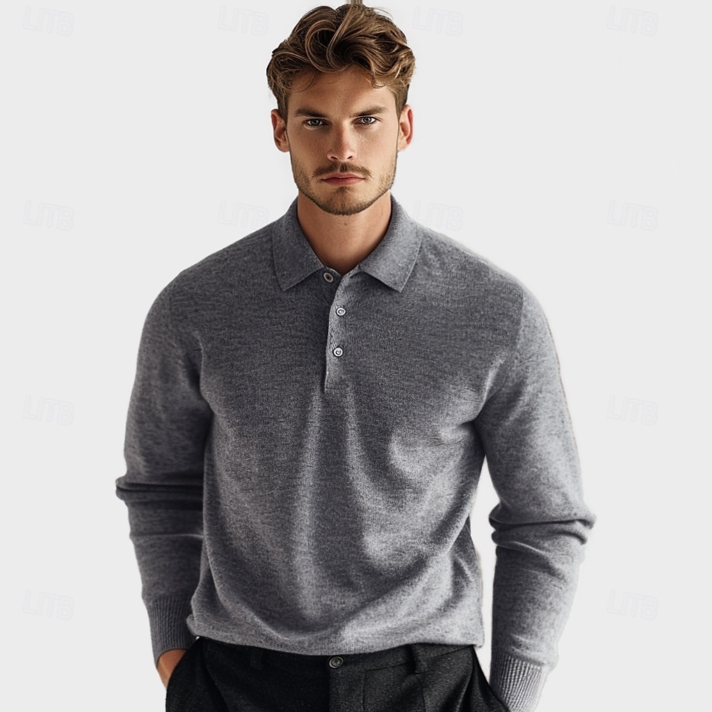 Herr Polo tröja Sticka Knappen uppåt Ensfärgat Polokrage Stickat Elegant Skola Formell Kläder Höst Vinter Svart Marinblå S M L 2025 - $42.99 –P1