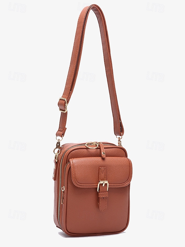 Bolso bandolera vintage de piel sintética marrón para mujer con detalle de hebilla frontal: diseño compacto y elegante 2025 - $32.99 –P3