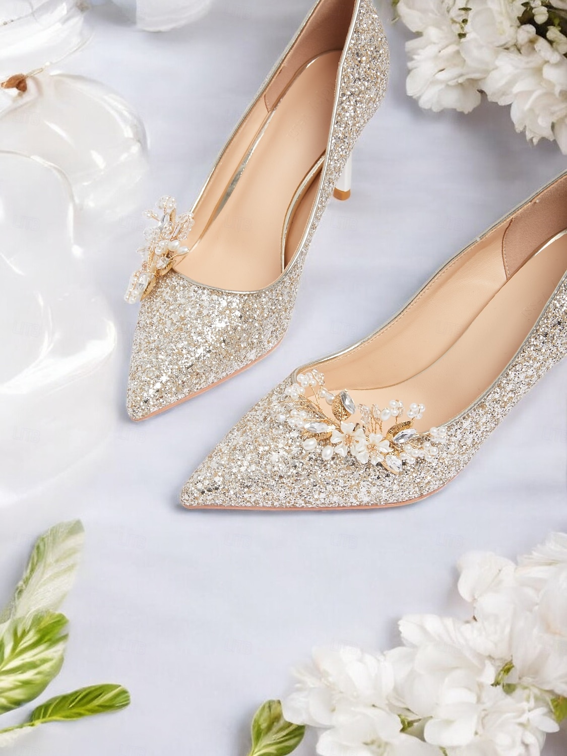 damskie srebrne, brokatowe szpilki z kwiatowymi zdobieniami – eleganckie buty ślubne i balowe ze spiczastym noskiem 2025 - $54.99 –P2