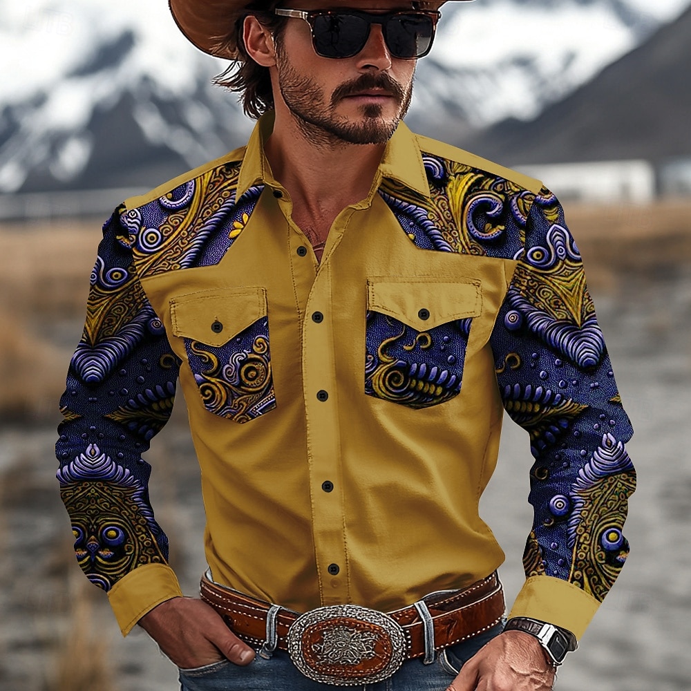Per uomo Floreale Camicia Western Camicia da cowboy Manica Lunga Western Sport Primavera Autunno Collo ripiegato Patchwork Giallo Rosso Marrone Verde Grigio del 2025 a $31.99 –P5