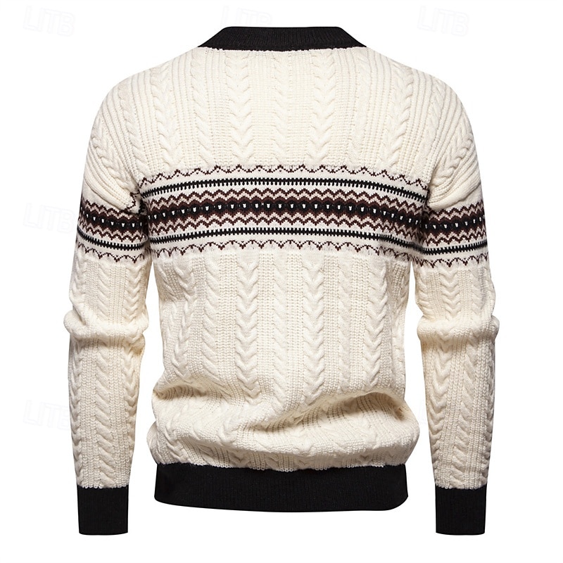 Men's Pullover Sweater Jumper Knit Sweater Fair Isle Pullover Sweater Ribbed Cable Knit Regular Knitted Color Block Crew Neck Fashion Basic Daily Wear Date Clothing Apparel Fall & Winter Black White 2025 - $42.99 –P6