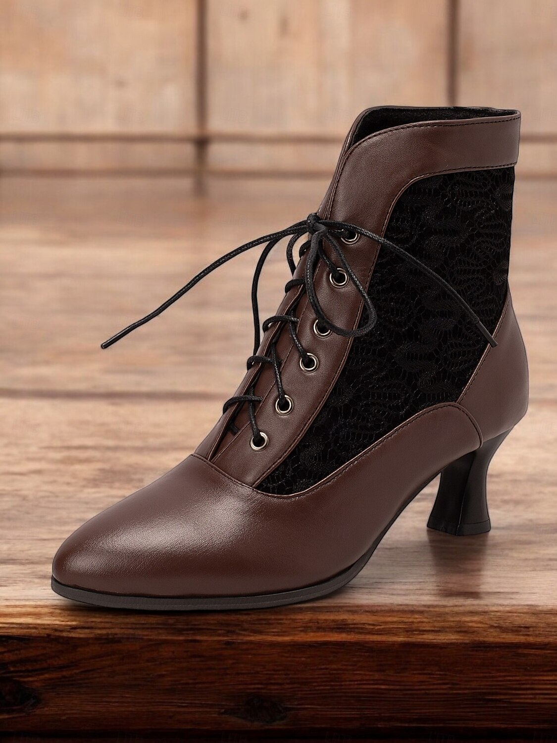 stivaletti allacciati in stile vittoriano nero da donna con pannello in pizzo e tacchi a gattino - elegante stile vintage per occasioni formali e casual del 2025 a $46.99 –P1