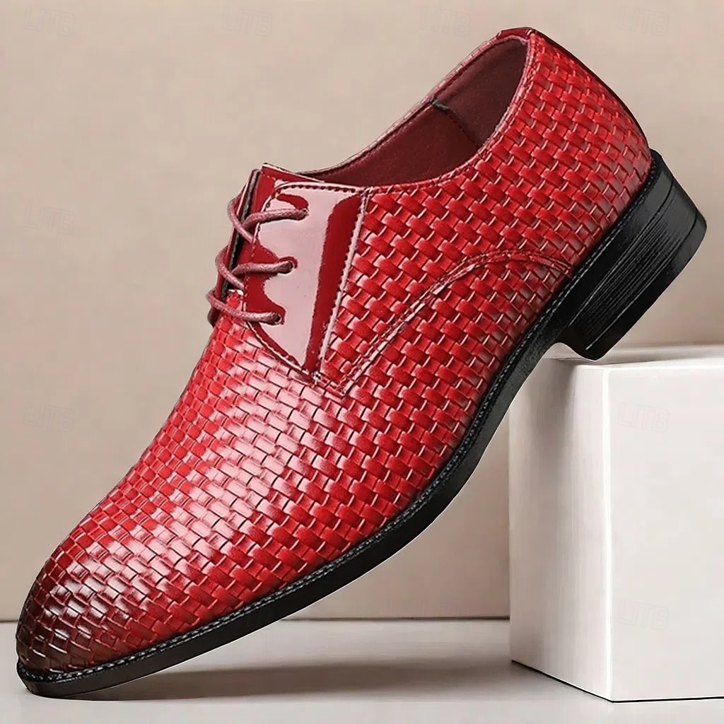 sapatos sociais masculinos de couro sintético vermelho trançado – oxfords elegantes com cadarço e detalhes em couro envernizado para ocasiões formais e casuais de 2025 por $54.99 –P2